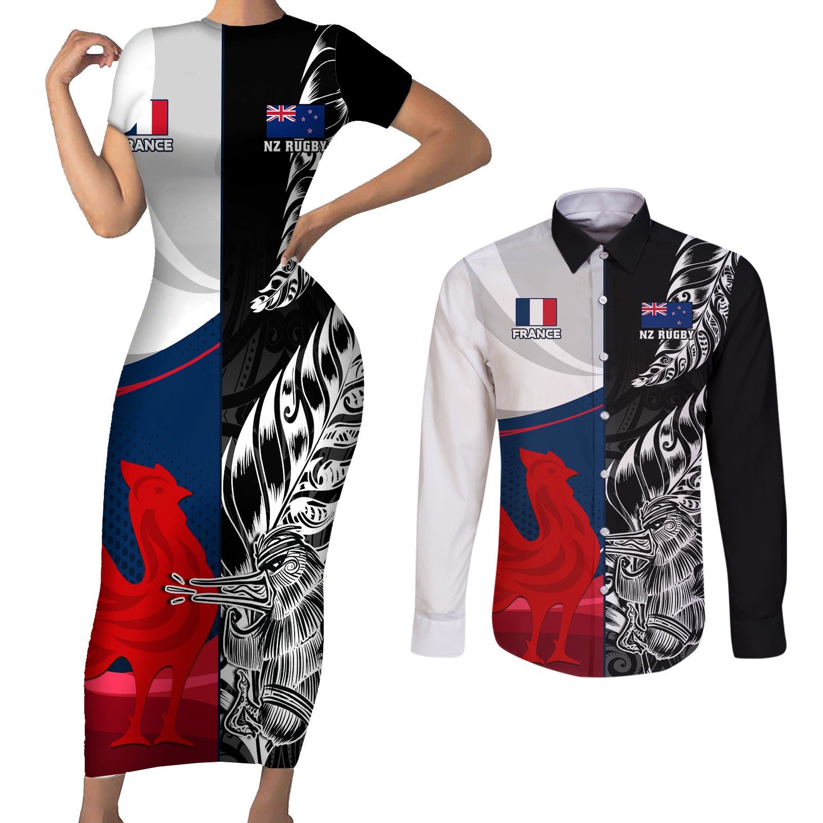 custom-new-zealand-and-france-rugby-couples-matching-short-sleeve-bodycon-dress-and-long-sleeve-button-shirts-xv-de-france-kiwi-silver-fern-2023-world-cup