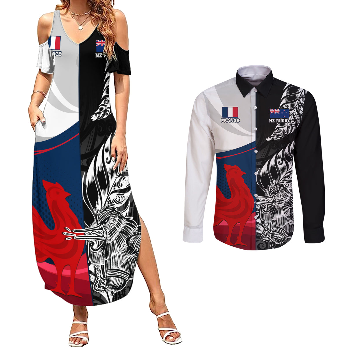 custom-new-zealand-and-france-rugby-couples-matching-summer-maxi-dress-and-long-sleeve-button-shirts-xv-de-france-kiwi-silver-fern-2023-world-cup