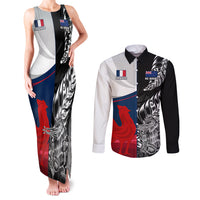 Custom New Zealand And France Rugby Couples Matching Tank Maxi Dress and Long Sleeve Button Shirts XV de France Kiwi Silver Fern 2023 World Cup - Wonder Print Shop