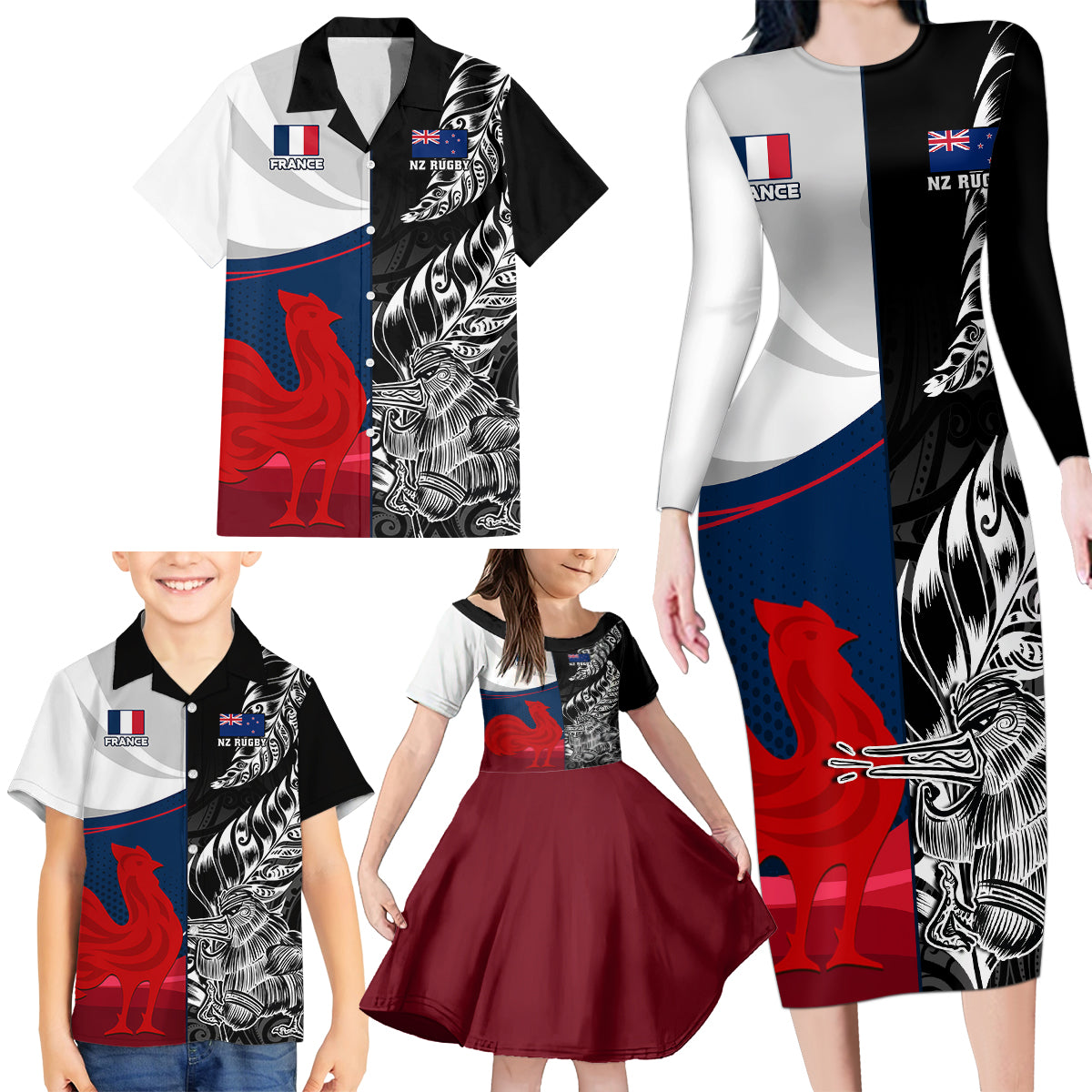 custom-new-zealand-and-france-rugby-family-matching-long-sleeve-bodycon-dress-and-hawaiian-shirt-xv-de-france-kiwi-silver-fern-2023-world-cup