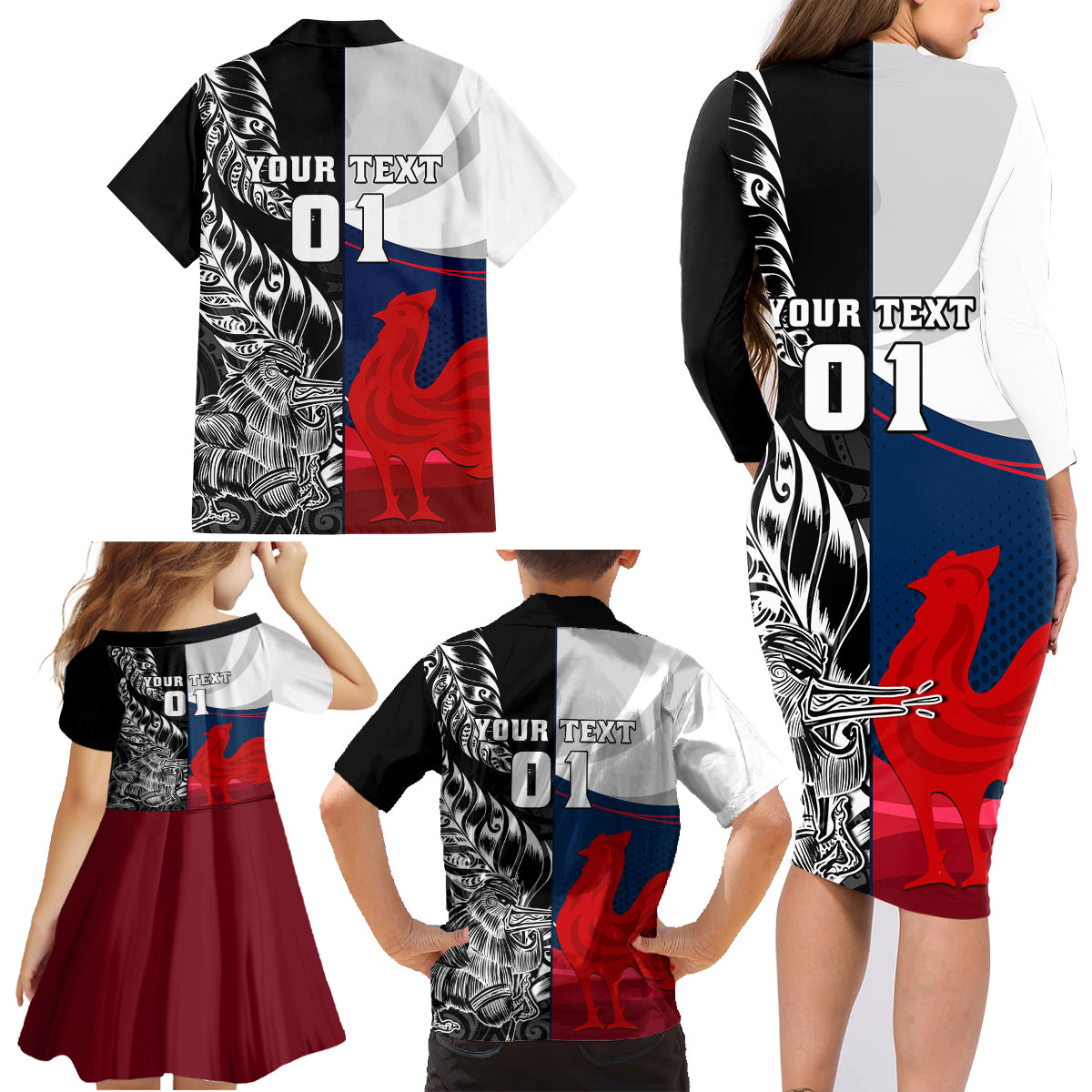 Custom New Zealand And France Rugby Family Matching Long Sleeve Bodycon Dress and Hawaiian Shirt XV de France Kiwi Silver Fern 2023 World Cup - Wonder Print Shop