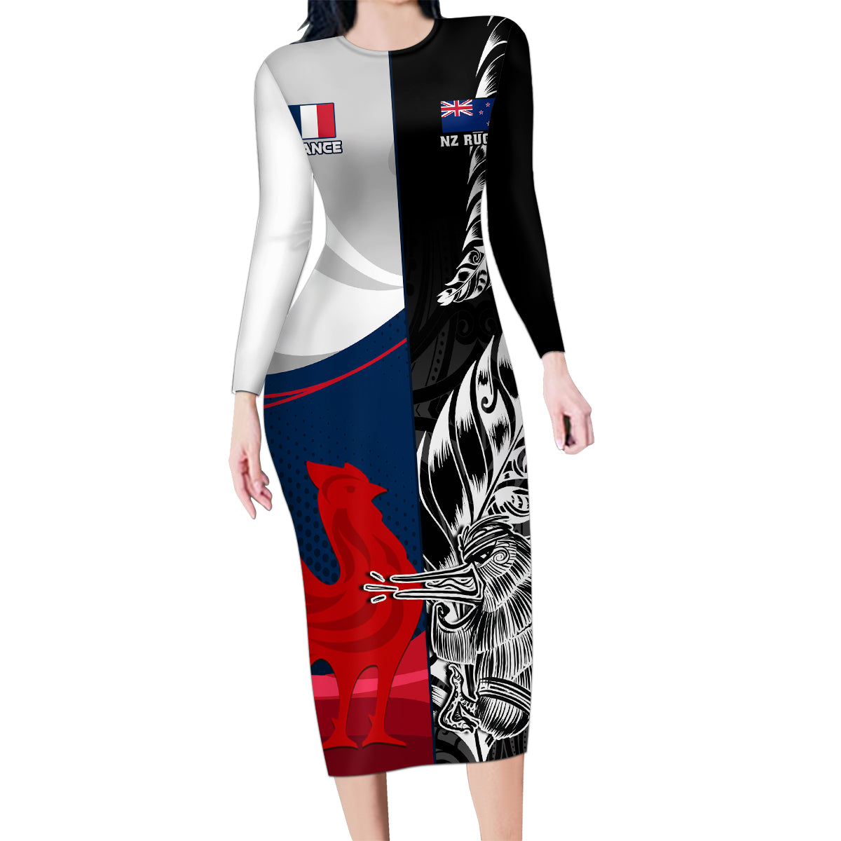 Custom New Zealand And France Rugby Family Matching Long Sleeve Bodycon Dress and Hawaiian Shirt XV de France Kiwi Silver Fern 2023 World Cup - Wonder Print Shop