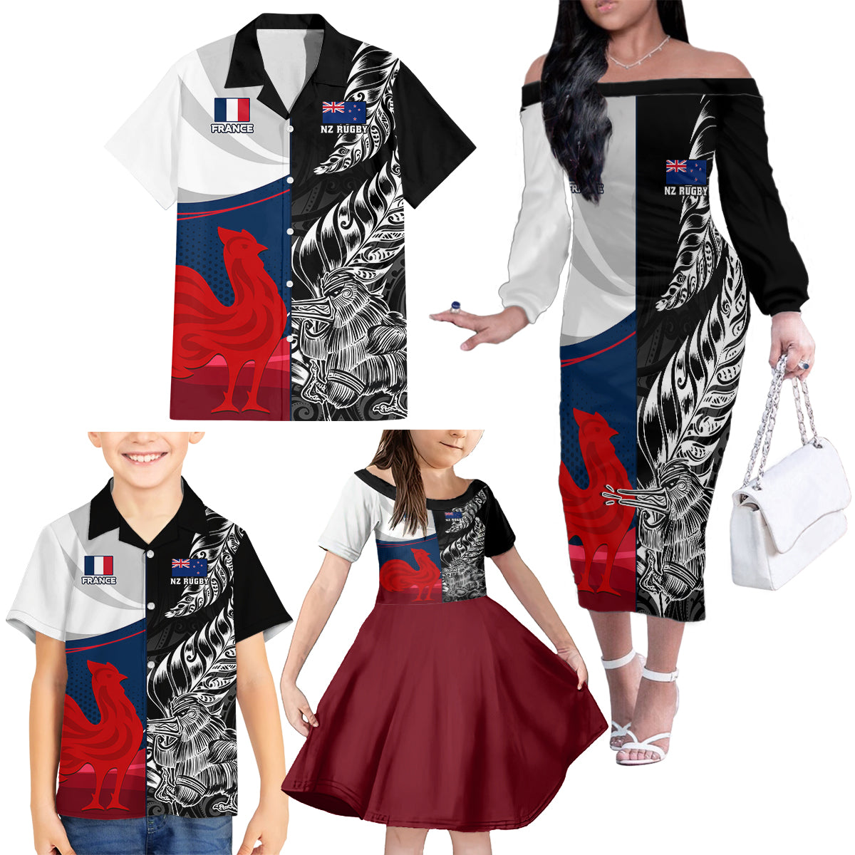 custom-new-zealand-and-france-rugby-family-matching-off-shoulder-long-sleeve-dress-and-hawaiian-shirt-xv-de-france-kiwi-silver-fern-2023-world-cup