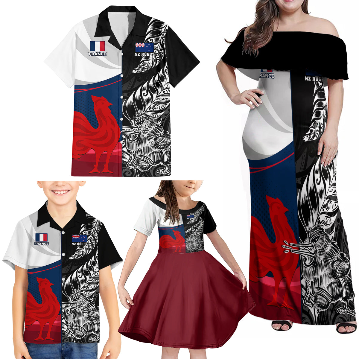 custom-new-zealand-and-france-rugby-family-matching-off-shoulder-maxi-dress-and-hawaiian-shirt-xv-de-france-kiwi-silver-fern-2023-world-cup