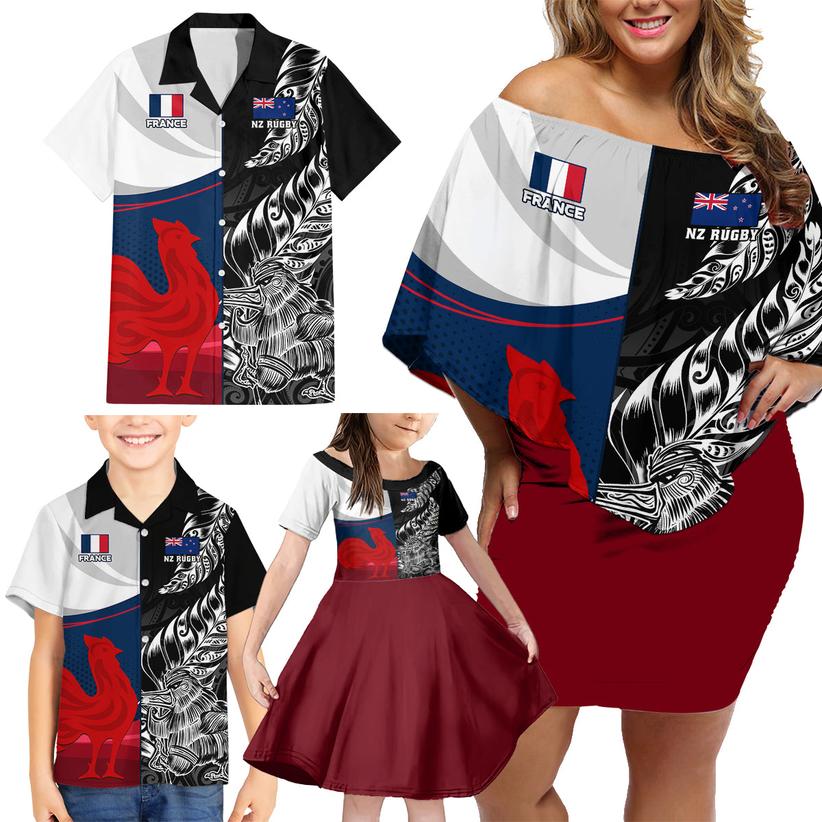 custom-new-zealand-and-france-rugby-family-matching-off-shoulder-short-dress-and-hawaiian-shirt-xv-de-france-kiwi-silver-fern-2023-world-cup