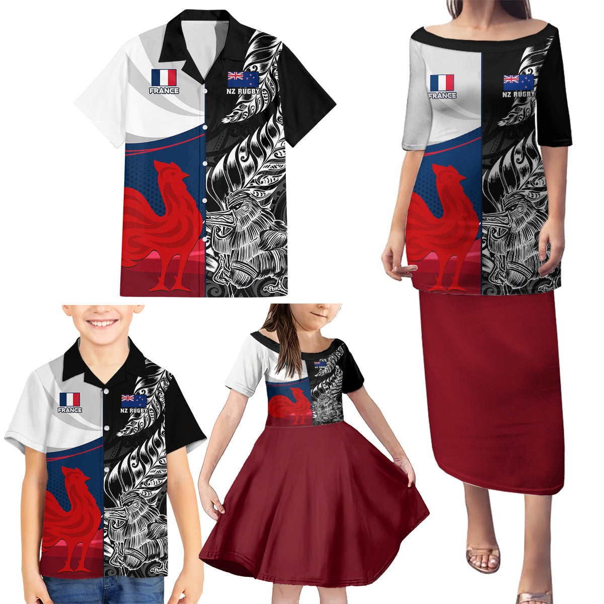 custom-new-zealand-and-france-rugby-family-matching-puletasi-dress-and-hawaiian-shirt-xv-de-france-kiwi-silver-fern-2023-world-cup