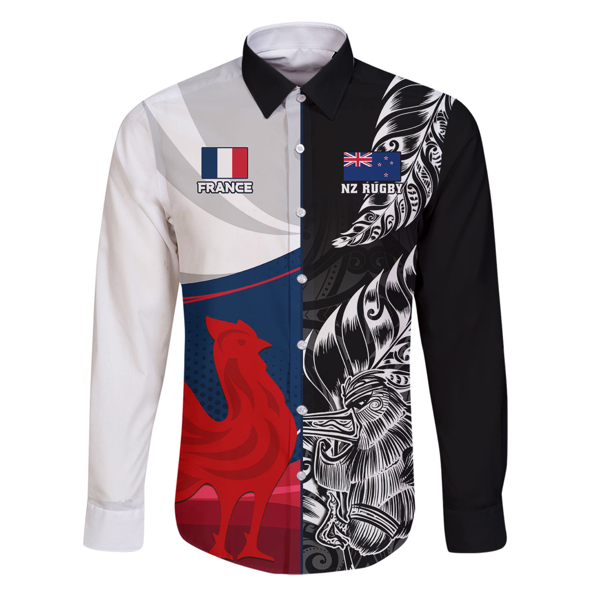 Custom New Zealand And France Rugby Family Matching Puletasi Dress and Hawaiian Shirt XV de France Kiwi Silver Fern 2023 World Cup - Wonder Print Shop