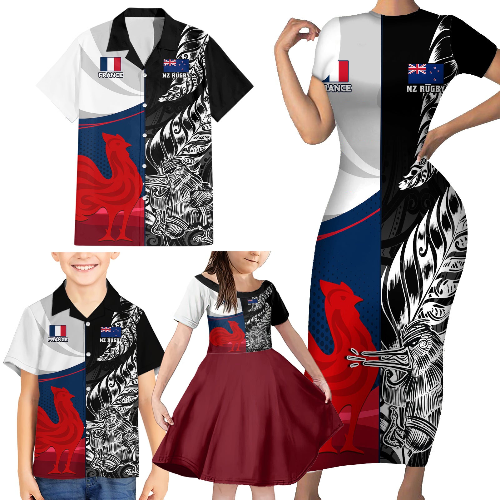 custom-new-zealand-and-france-rugby-family-matching-short-sleeve-bodycon-dress-and-hawaiian-shirt-xv-de-france-kiwi-silver-fern-2023-world-cup
