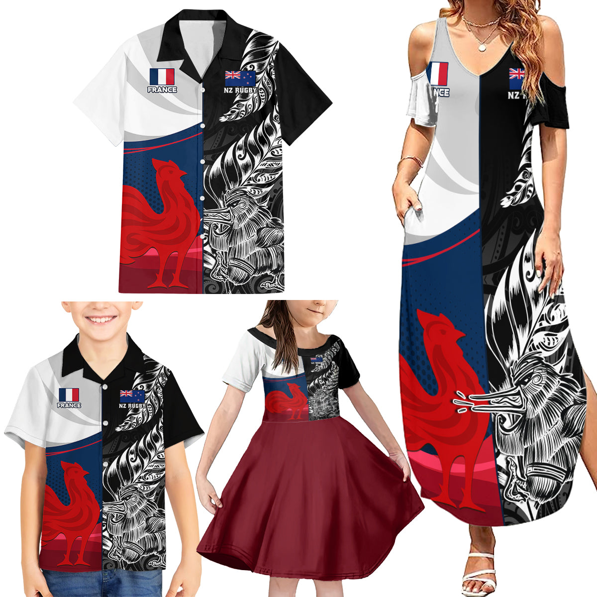 custom-new-zealand-and-france-rugby-family-matching-summer-maxi-dress-and-hawaiian-shirt-xv-de-france-kiwi-silver-fern-2023-world-cup