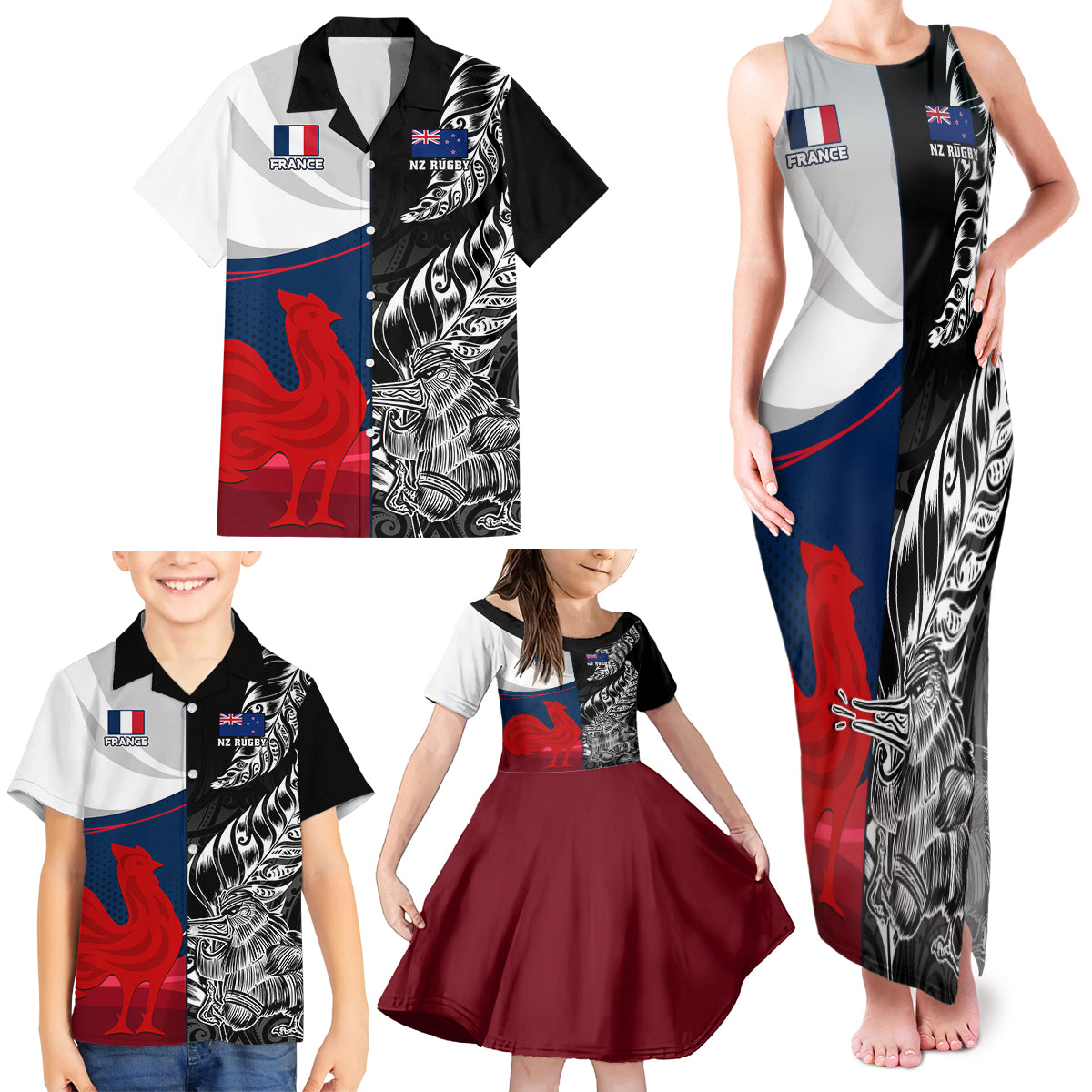 custom-new-zealand-and-france-rugby-family-matching-tank-maxi-dress-and-hawaiian-shirt-xv-de-france-kiwi-silver-fern-2023-world-cup
