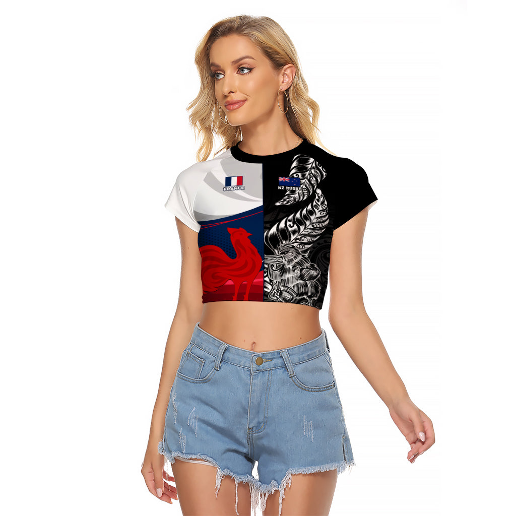 Custom New Zealand And France Rugby Raglan Cropped T Shirt XV de France Kiwi Silver Fern 2023 World Cup - Wonder Print Shop