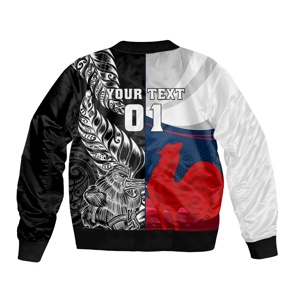 Custom New Zealand And France Rugby Sleeve Zip Bomber Jacket XV de France Kiwi Silver Fern 2023 World Cup - Wonder Print Shop