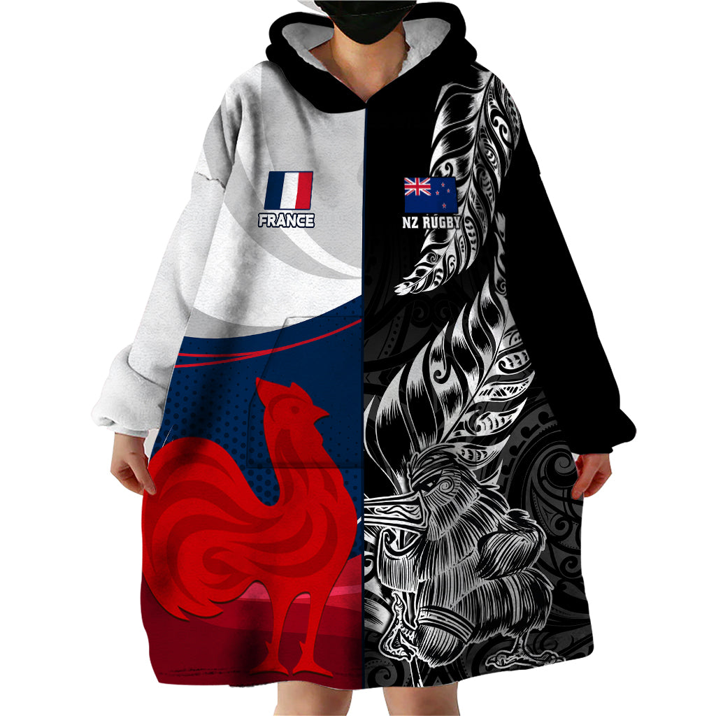 Custom New Zealand And France Rugby Wearable Blanket Hoodie XV de France Kiwi Silver Fern 2023 World Cup - Wonder Print Shop