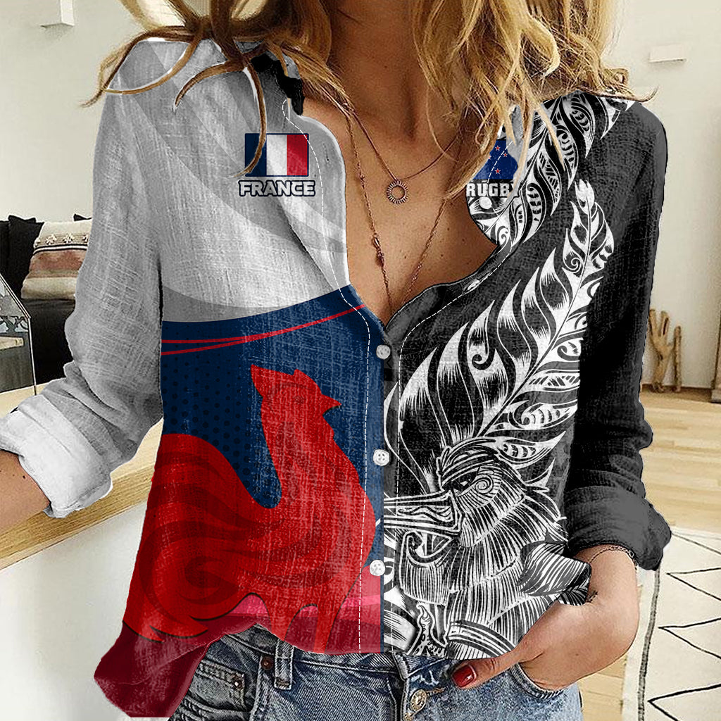 Custom New Zealand And France Rugby Women Casual Shirt XV de France Kiwi Silver Fern 2023 World Cup - Wonder Print Shop