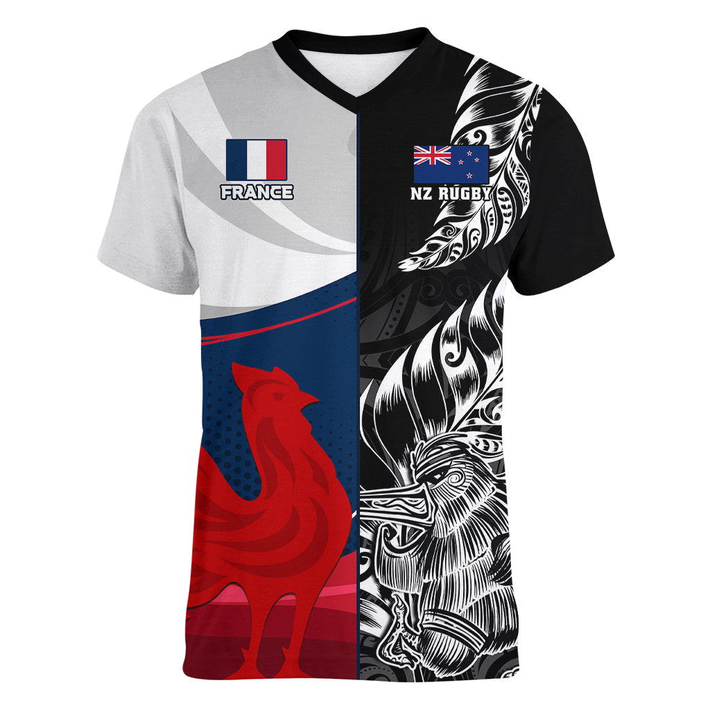 Custom New Zealand And France Rugby Women V Neck T Shirt XV de France Kiwi Silver Fern 2023 World Cup - Wonder Print Shop
