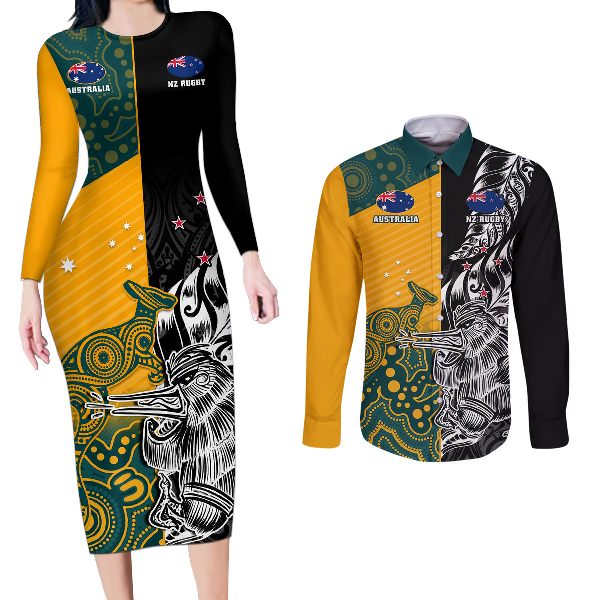 Custom New Zealand And Australia Rugby Couples Matching Long Sleeve Bodycon Dress and Long Sleeve Button Shirts Wallabies Kiwi Silver Fern 2023 World Cup - Wonder Print Shop