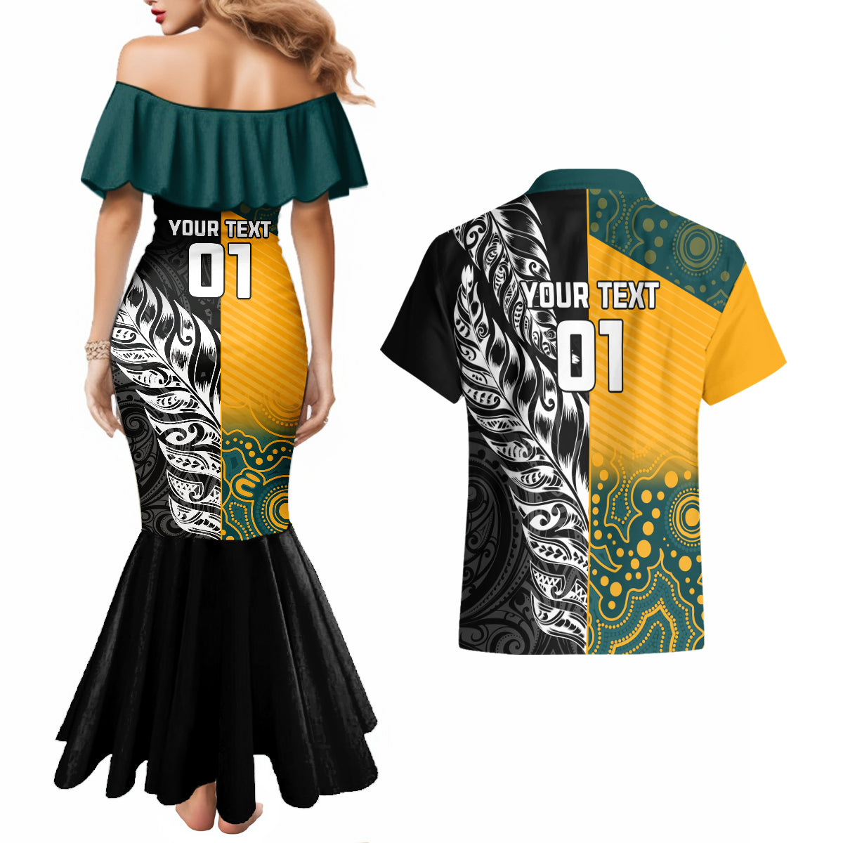Custom New Zealand And Australia Rugby Couples Matching Mermaid Dress and Hawaiian Shirt Wallabies Kiwi Silver Fern 2023 World Cup - Wonder Print Shop
