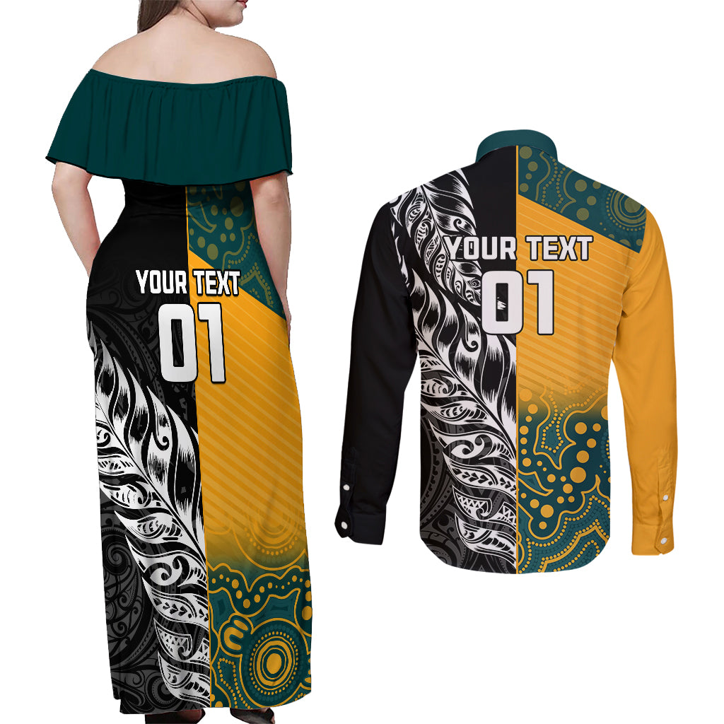 Custom New Zealand And Australia Rugby Couples Matching Off Shoulder Maxi Dress and Long Sleeve Button Shirts Wallabies Kiwi Silver Fern 2023 World Cup - Wonder Print Shop