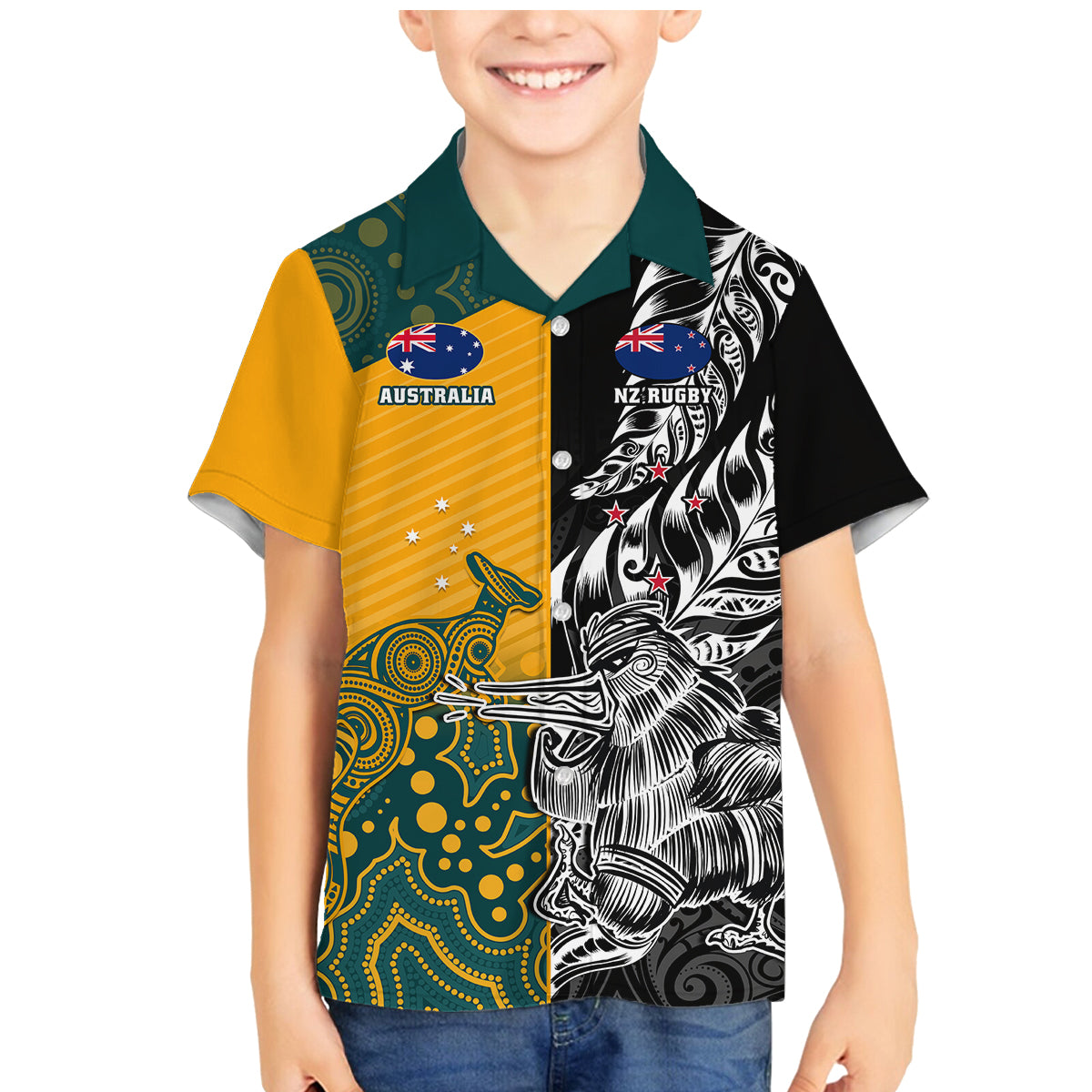 Custom New Zealand And Australia Rugby Family Matching Mermaid Dress and Hawaiian Shirt Wallabies Kiwi Silver Fern 2023 World Cup - Wonder Print Shop