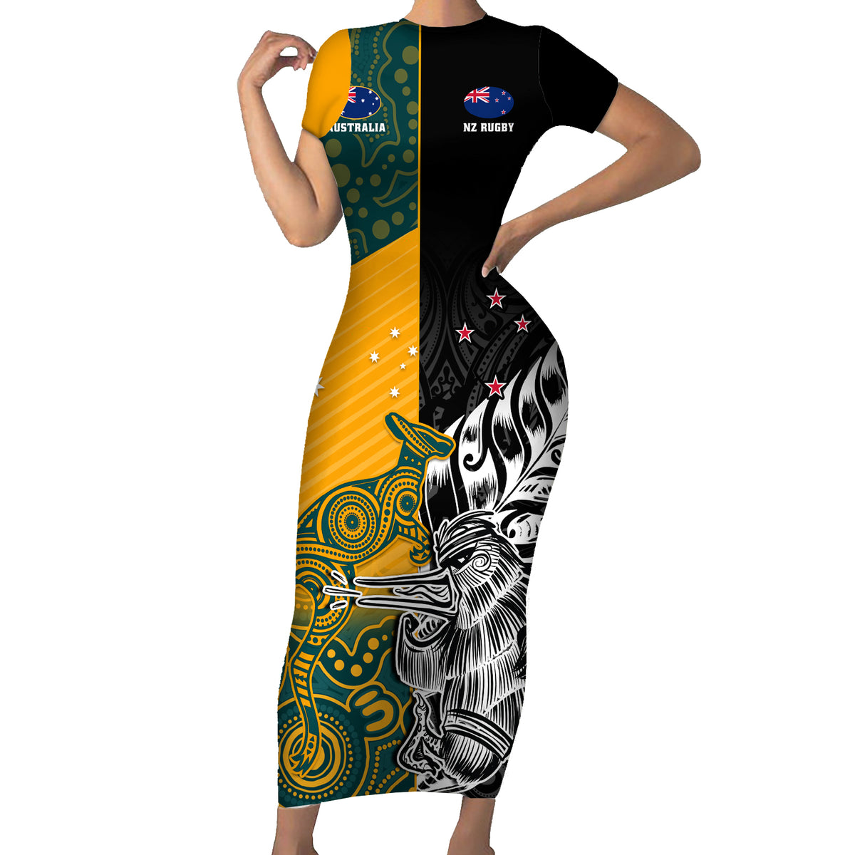 Custom New Zealand And Australia Rugby Short Sleeve Bodycon Dress Wall Wonderprintshop
