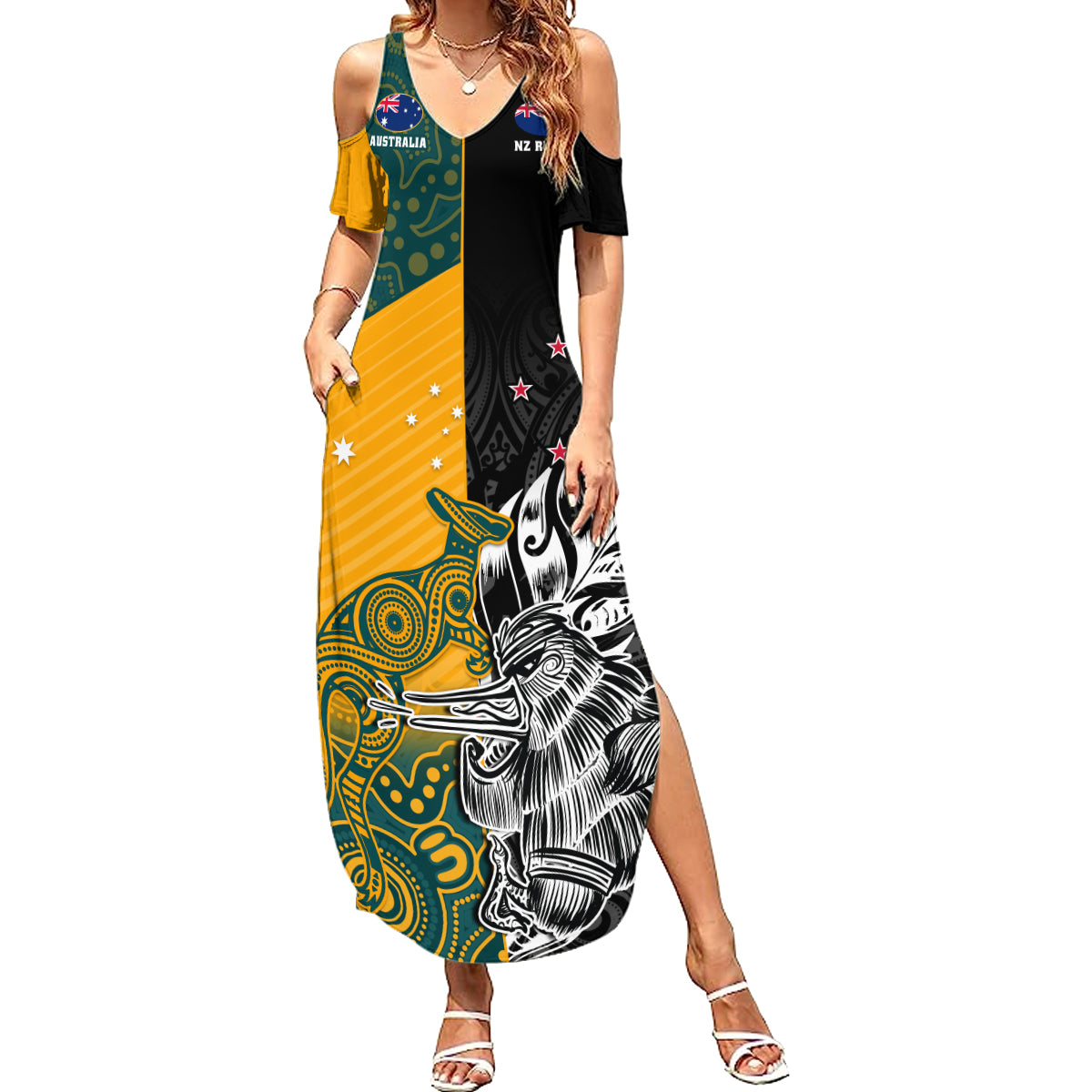 Custom New Zealand And Australia Rugby Summer Maxi Dress Wallabies Kiwi Silver Fern 2023 World Cup - Wonder Print Shop