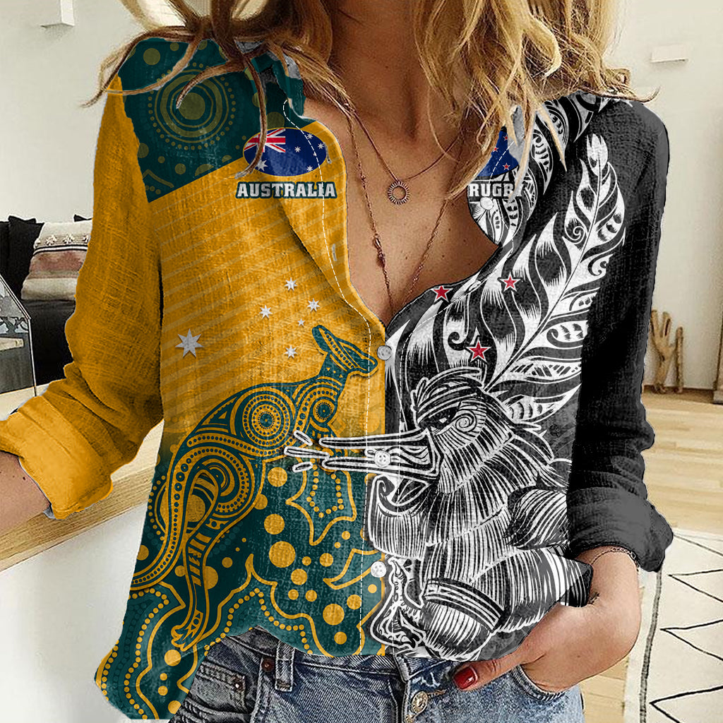Custom New Zealand And Australia Rugby Women Casual Shirt Wallabies Kiwi Silver Fern 2023 World Cup - Wonder Print Shop