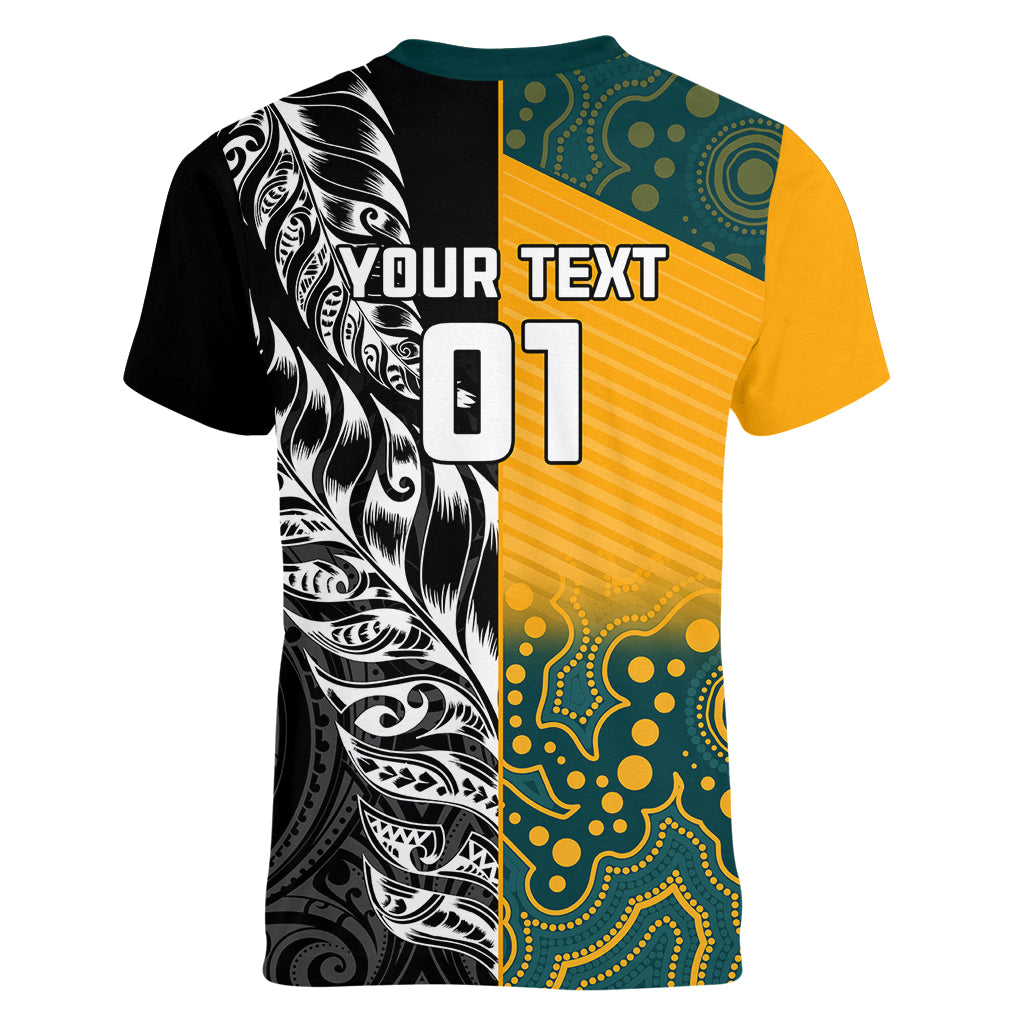 Custom New Zealand And Australia Rugby Women V Neck T Shirt Wallabies Kiwi Silver Fern 2023 World Cup - Wonder Print Shop