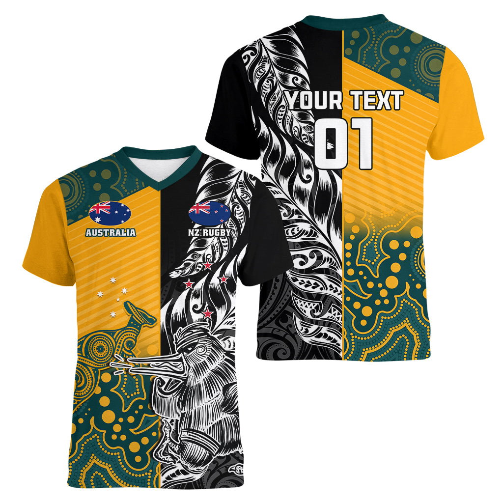 Custom New Zealand And Australia Rugby Women V Neck T Shirt Wallabies Kiwi Silver Fern 2023 World Cup - Wonder Print Shop