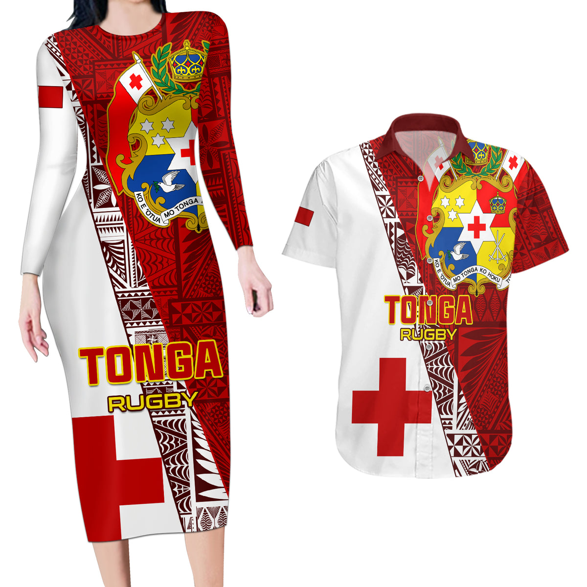 Tonga Rugby Couples Matching Long Sleeve Bodycon Dress and Hawaiian Shirt Tongan Go 2023 World Cup - Wonder Print Shop