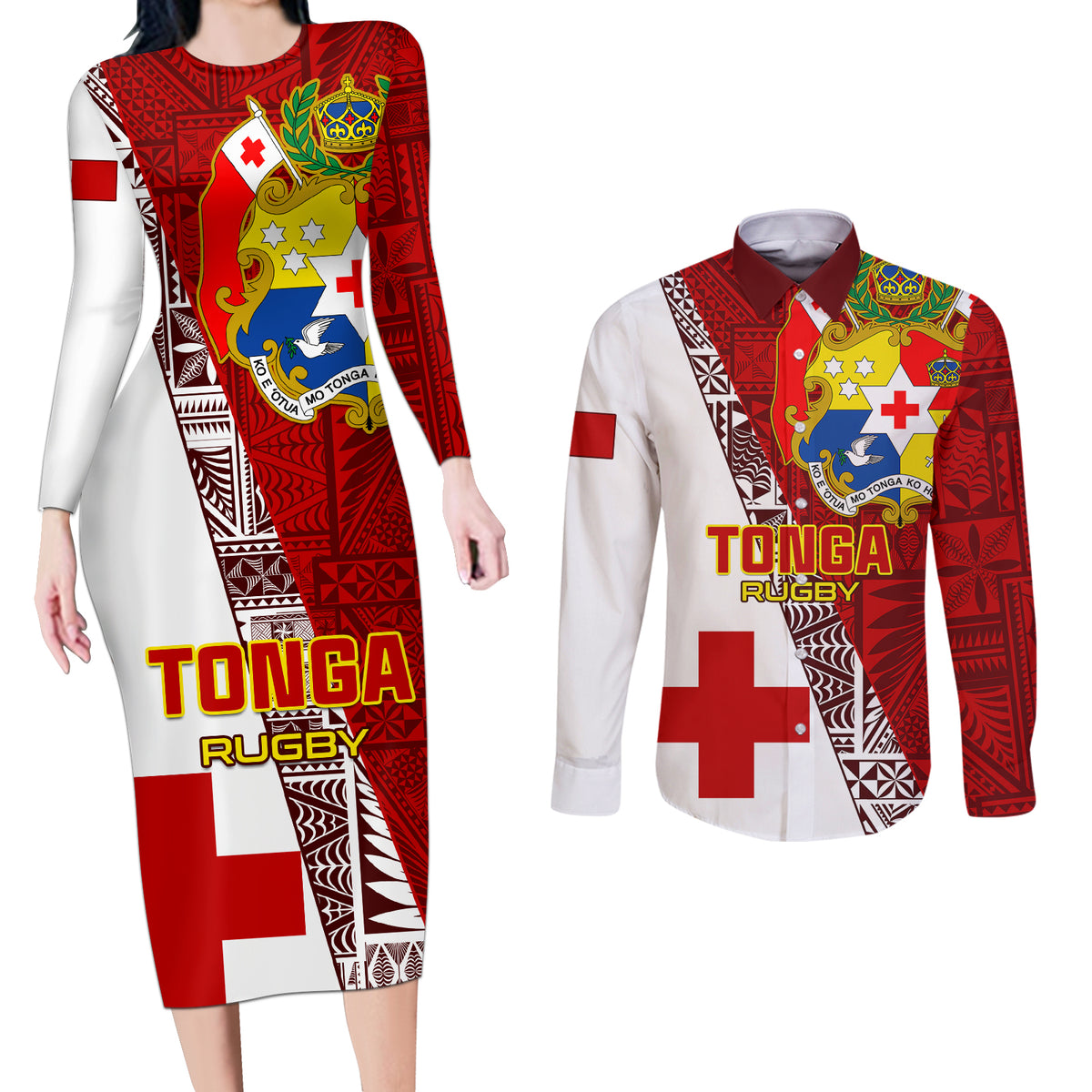 Tonga Rugby Couples Matching Long Sleeve Bodycon Dress and Long Sleeve Button Shirts Tongan Go 2023 World Cup - Wonder Print Shop