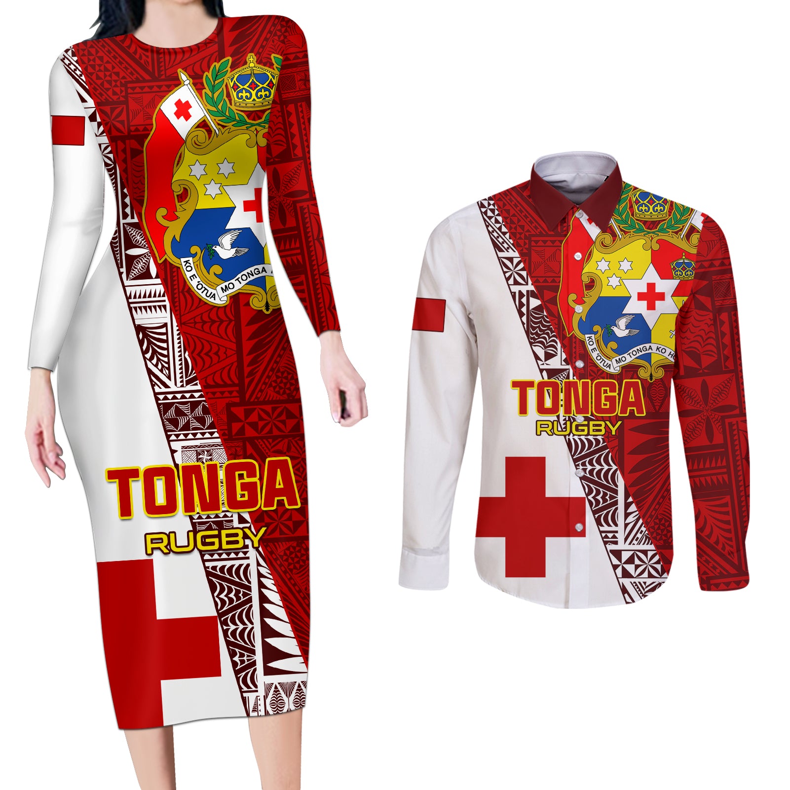 Tonga Rugby Couples Matching Long Sleeve Bodycon Dress and Long Sleeve Button Shirts Tongan Go 2023 World Cup - Wonder Print Shop