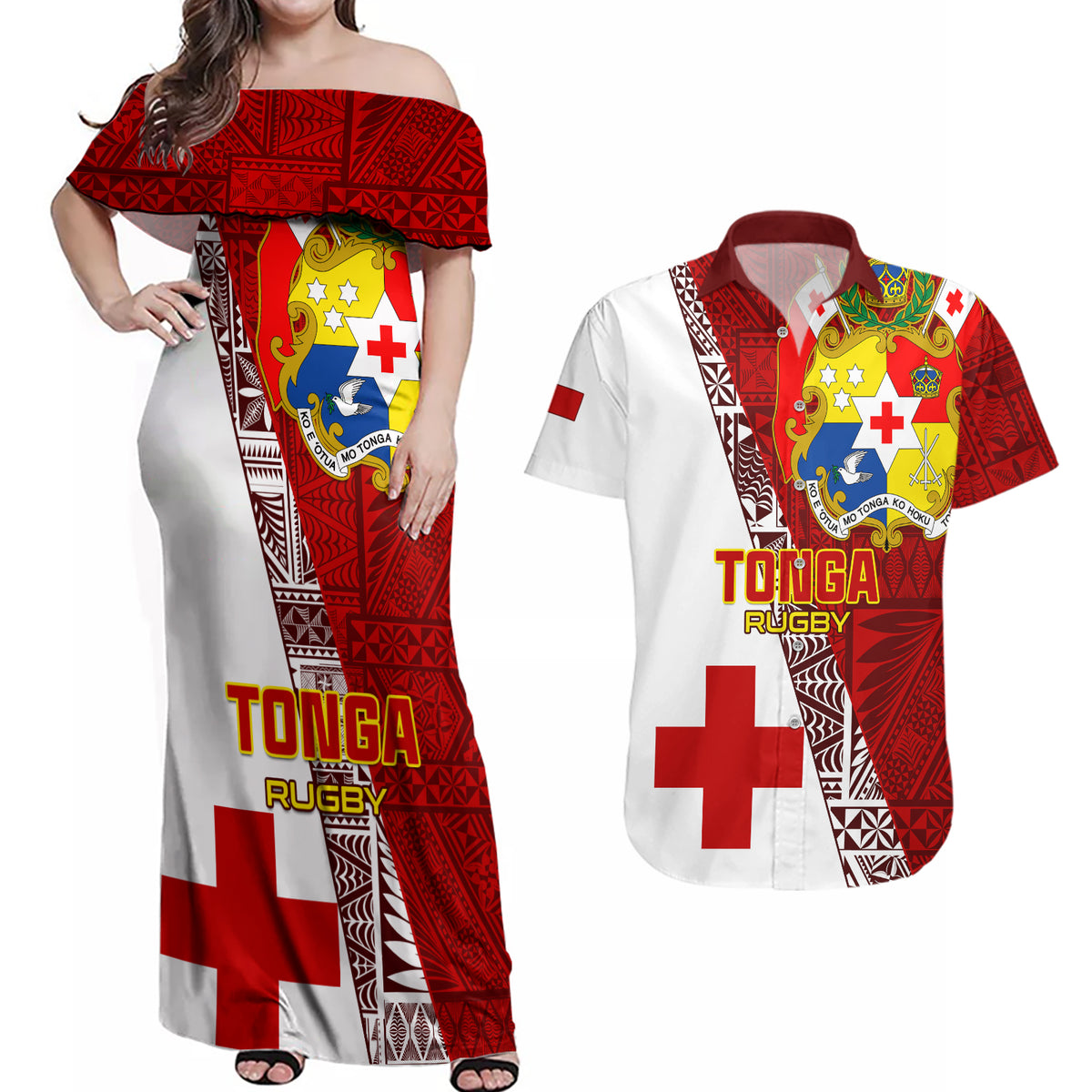 Tonga Rugby Couples Matching Off Shoulder Maxi Dress and Hawaiian Shirt Tongan Go 2023 World Cup - Wonder Print Shop