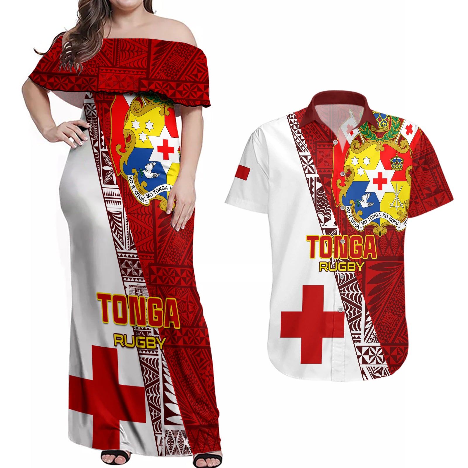 Tonga Rugby Couples Matching Off Shoulder Maxi Dress and Hawaiian Shirt Tongan Go 2023 World Cup - Wonder Print Shop