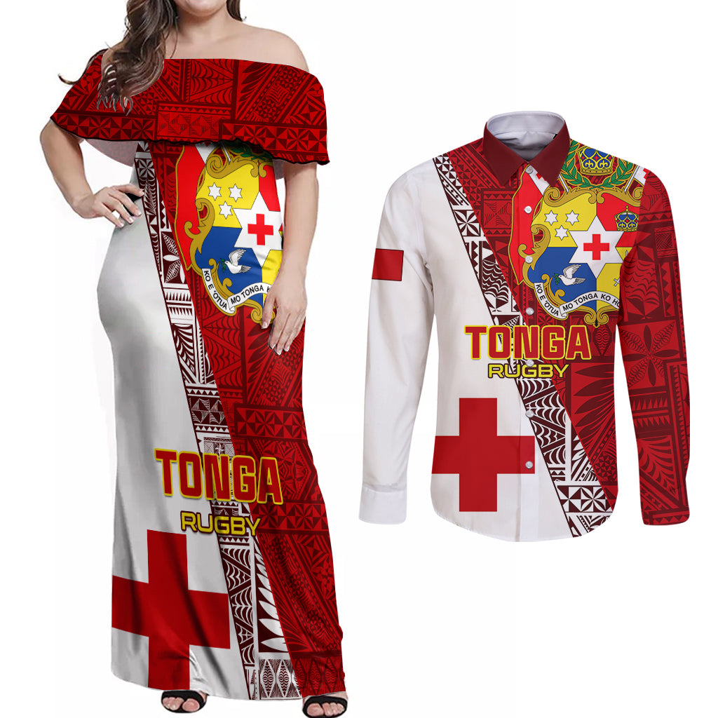 Tonga Rugby Couples Matching Off Shoulder Maxi Dress and Long Sleeve Button Shirts Tongan Go 2023 World Cup - Wonder Print Shop