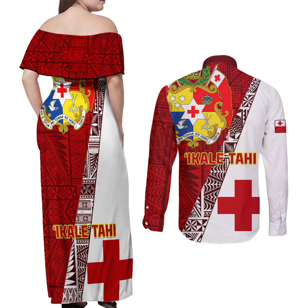 Tonga Rugby Couples Matching Off Shoulder Maxi Dress and Long Sleeve Button Shirts Tongan Go 2023 World Cup - Wonder Print Shop