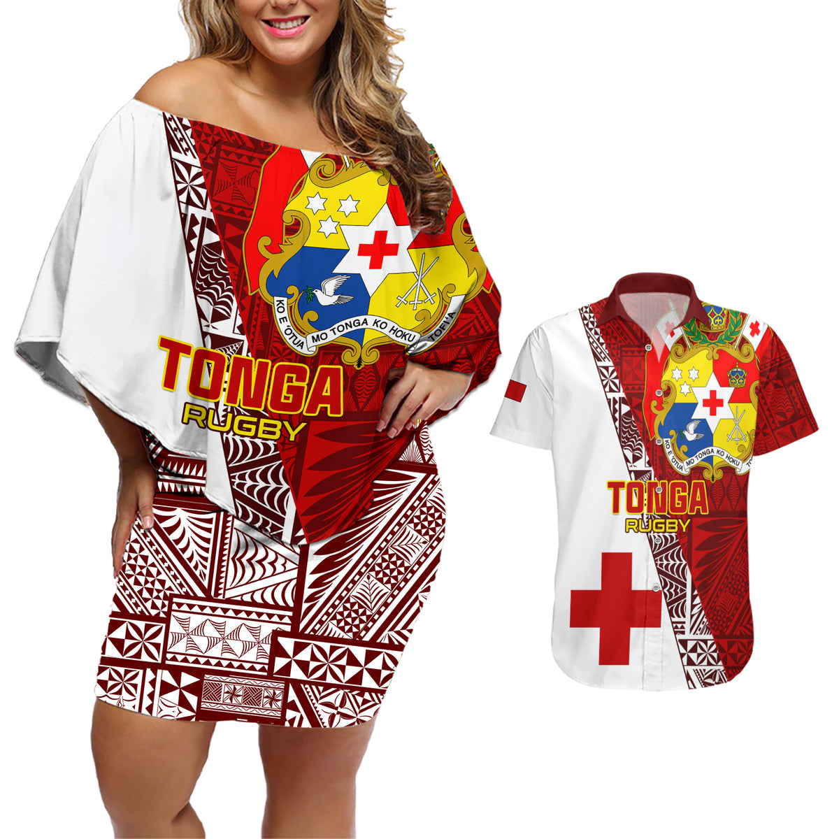 Tonga Rugby Couples Matching Off Shoulder Short Dress and Hawaiian Shirt Tongan Go 2023 World Cup - Wonder Print Shop