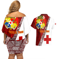 Tonga Rugby Couples Matching Off Shoulder Short Dress and Hawaiian Shirt Tongan Go 2023 World Cup - Wonder Print Shop