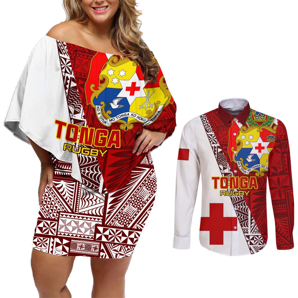 Tonga Rugby Couples Matching Off Shoulder Short Dress and Long Sleeve Button Shirts Tongan Go 2023 World Cup - Wonder Print Shop