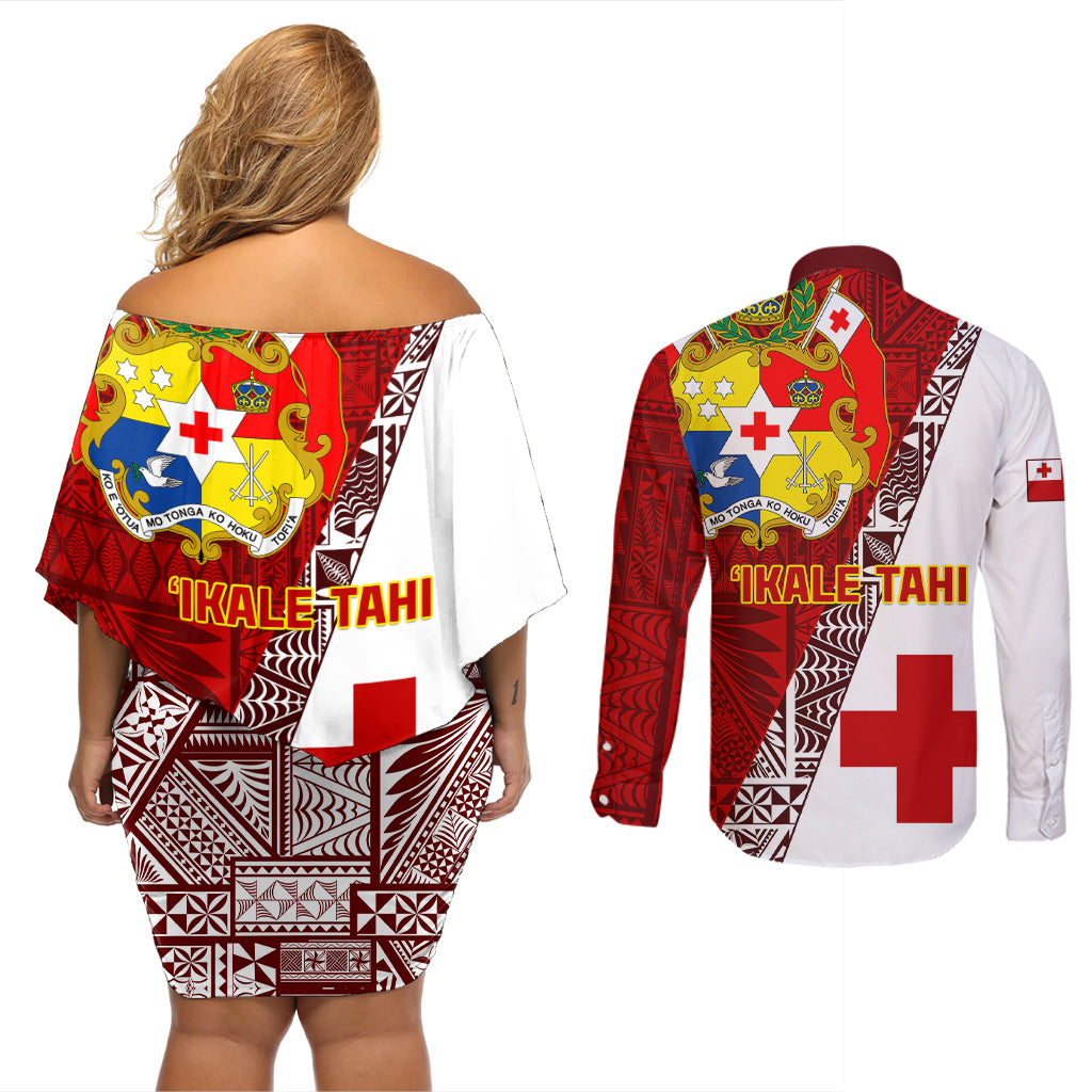 Tonga Rugby Couples Matching Off Shoulder Short Dress and Long Sleeve Button Shirts Tongan Go 2023 World Cup - Wonder Print Shop