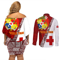 Tonga Rugby Couples Matching Off Shoulder Short Dress and Long Sleeve Button Shirts Tongan Go 2023 World Cup - Wonder Print Shop