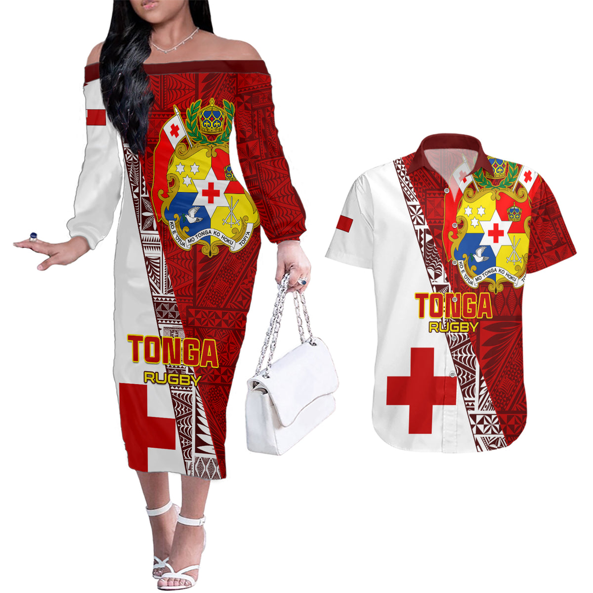 Tonga Rugby Couples Matching Off The Shoulder Long Sleeve Dress and Hawaiian Shirt Tongan Go 2023 World Cup - Wonder Print Shop