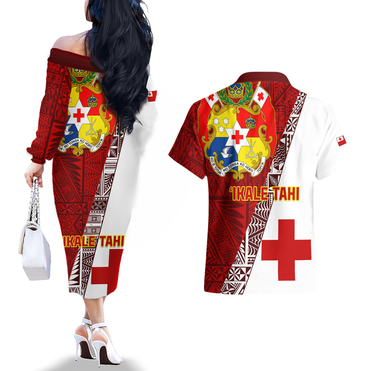 Tonga Rugby Couples Matching Off The Shoulder Long Sleeve Dress and Hawaiian Shirt Tongan Go 2023 World Cup - Wonder Print Shop