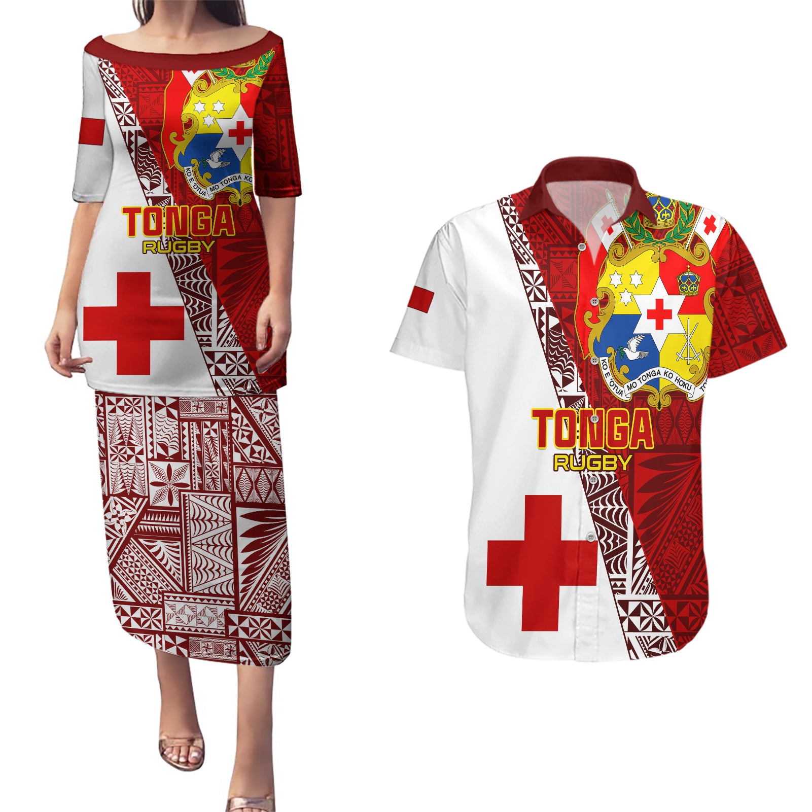 Tonga Rugby Couples Matching Puletasi Dress and Hawaiian Shirt Tongan Go 2023 World Cup - Wonder Print Shop