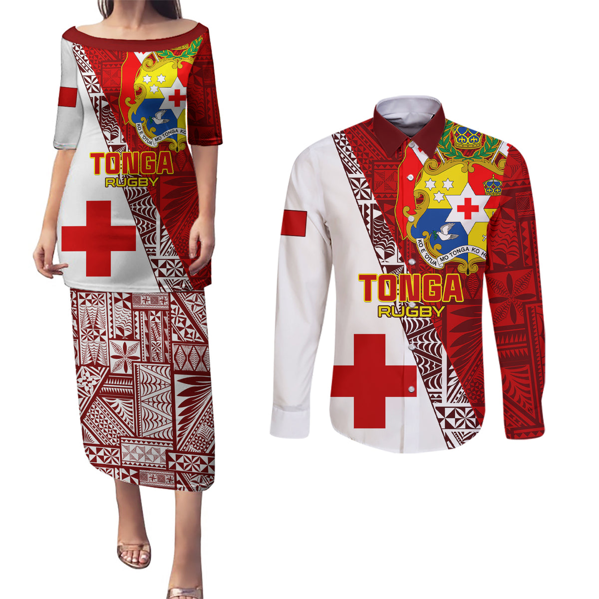 Tonga Rugby Couples Matching Puletasi Dress and Long Sleeve Button Shirts Tongan Go 2023 World Cup - Wonder Print Shop