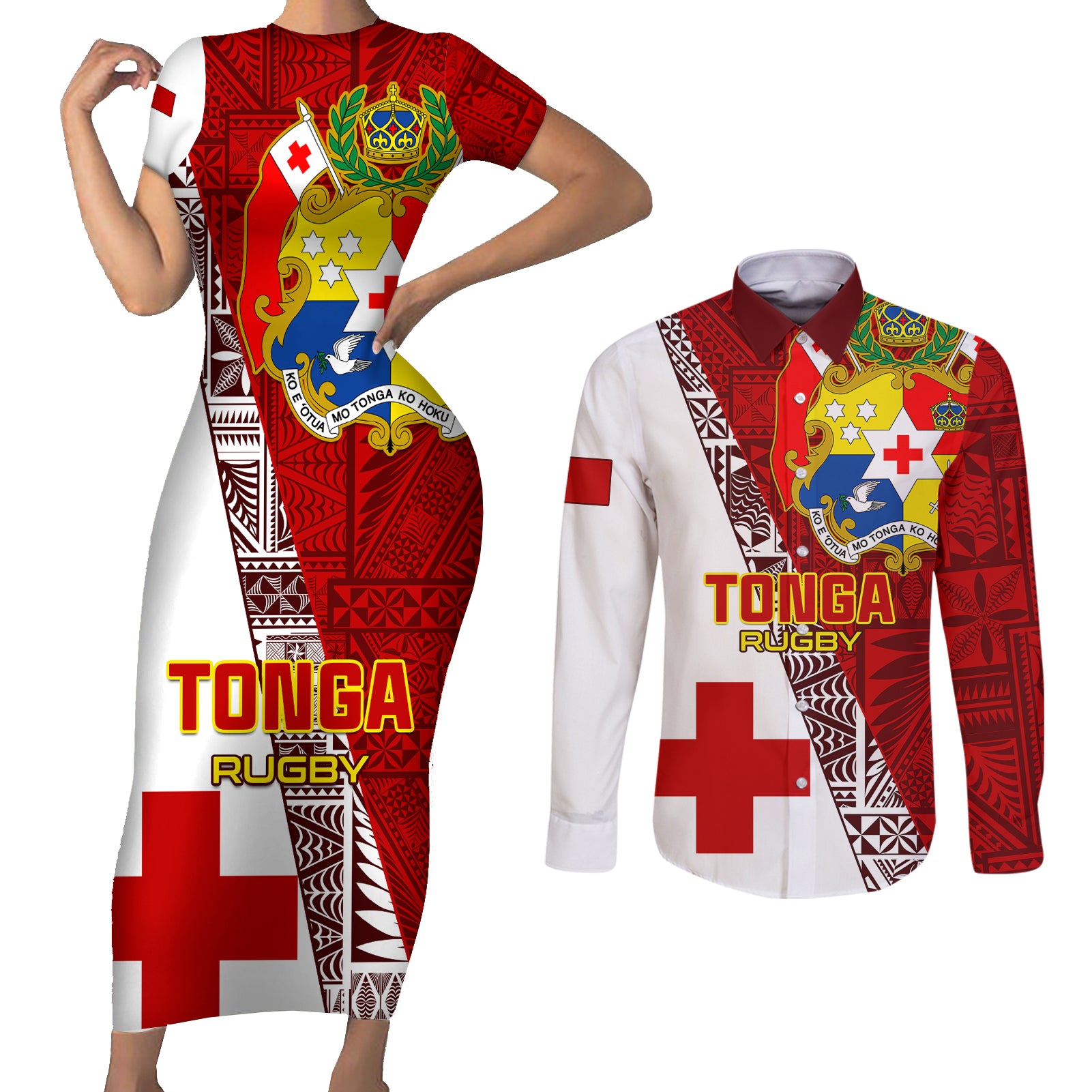 Tonga Rugby Couples Matching Short Sleeve Bodycon Dress and Long Sleeve Button Shirts Tongan Go 2023 World Cup - Wonder Print Shop