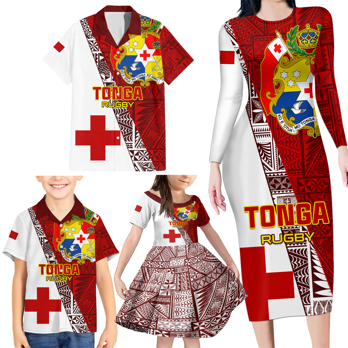 Tonga Rugby Family Matching Long Sleeve Bodycon Dress and Hawaiian Shirt Tongan Go 2023 World Cup - Wonder Print Shop