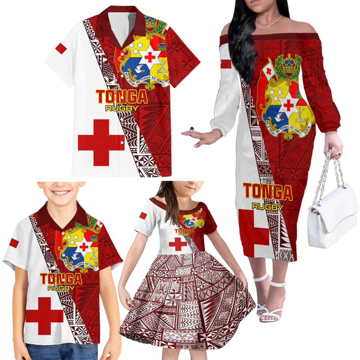 Tonga Rugby Family Matching Off Shoulder Long Sleeve Dress and Hawaiian Shirt Tongan Go 2023 World Cup - Wonder Print Shop