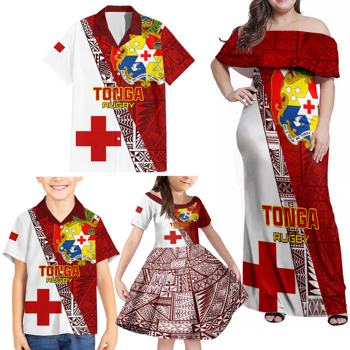 Tonga Rugby Family Matching Off Shoulder Maxi Dress and Hawaiian Shirt Tongan Go 2023 World Cup - Wonder Print Shop