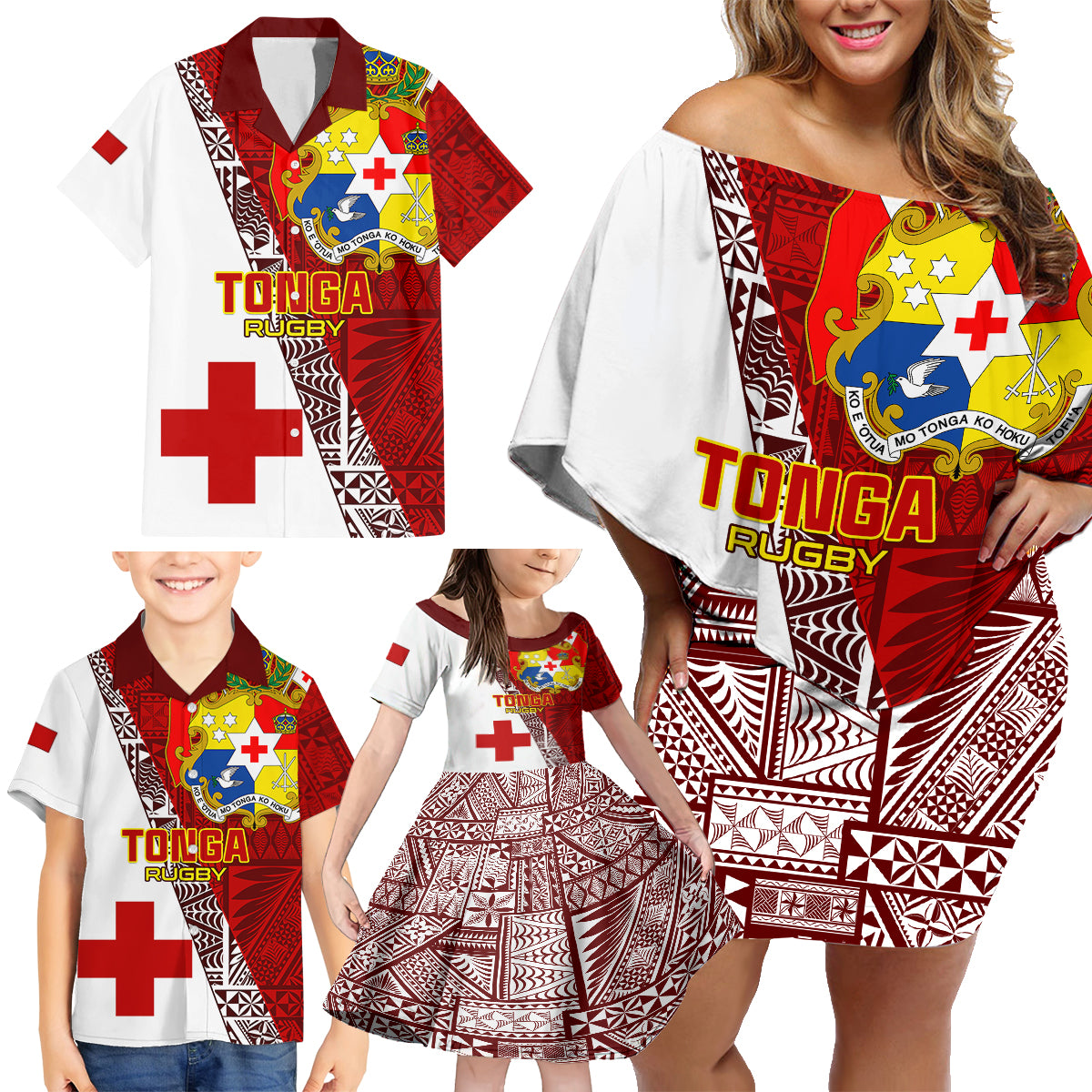 Tonga Rugby Family Matching Off Shoulder Short Dress and Hawaiian Shirt Tongan Go 2023 World Cup - Wonder Print Shop