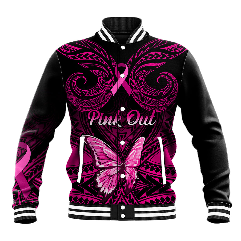 Personalised Pink Out Baseball Jacket Breast Cancer Awareness Polynesian Pattern Black Version - Wonder Print Shop